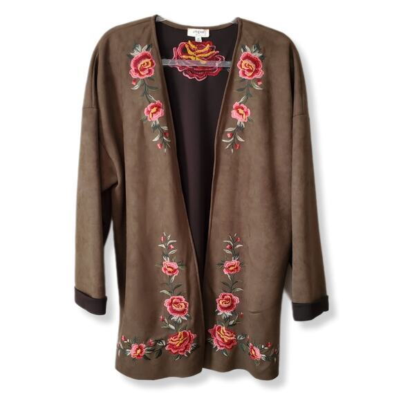 Umgee Women Faux Vegan Suede Embroidered Jacket Cardigan M Floral Boho Country - Picture 1 of 10